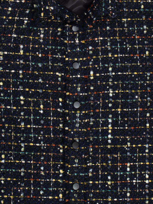 Sparkly Dark Navy Oversized Raw Cut Tweed Shirt