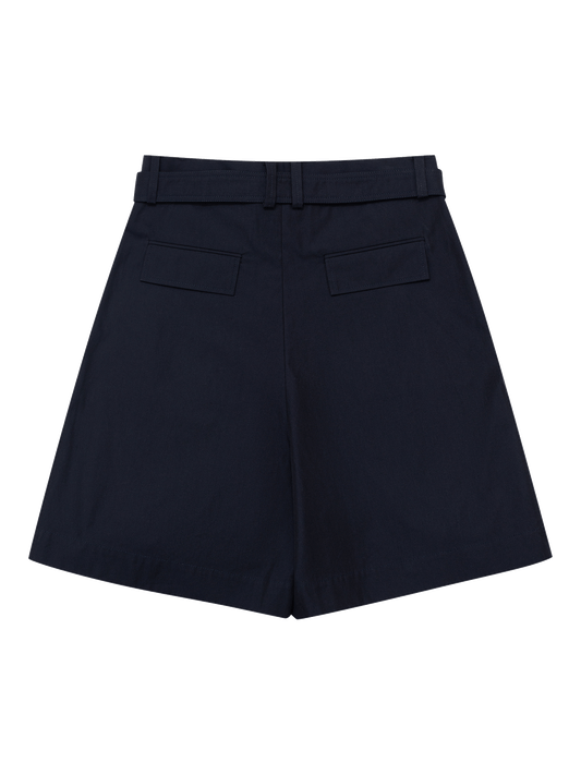 Dark Navy Belted Pleated Shorts
