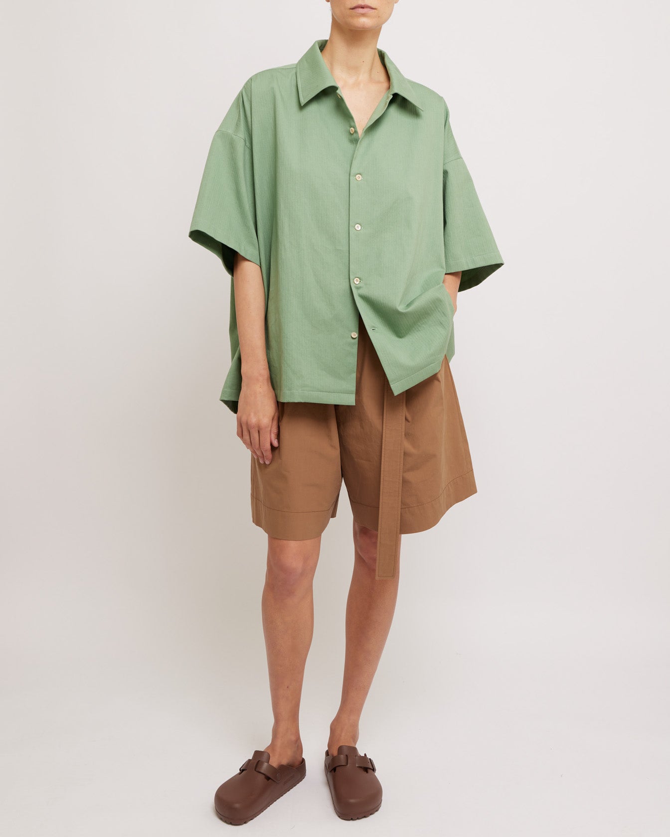 Milky Green Herringbone Short Sleeve Summer Shirt