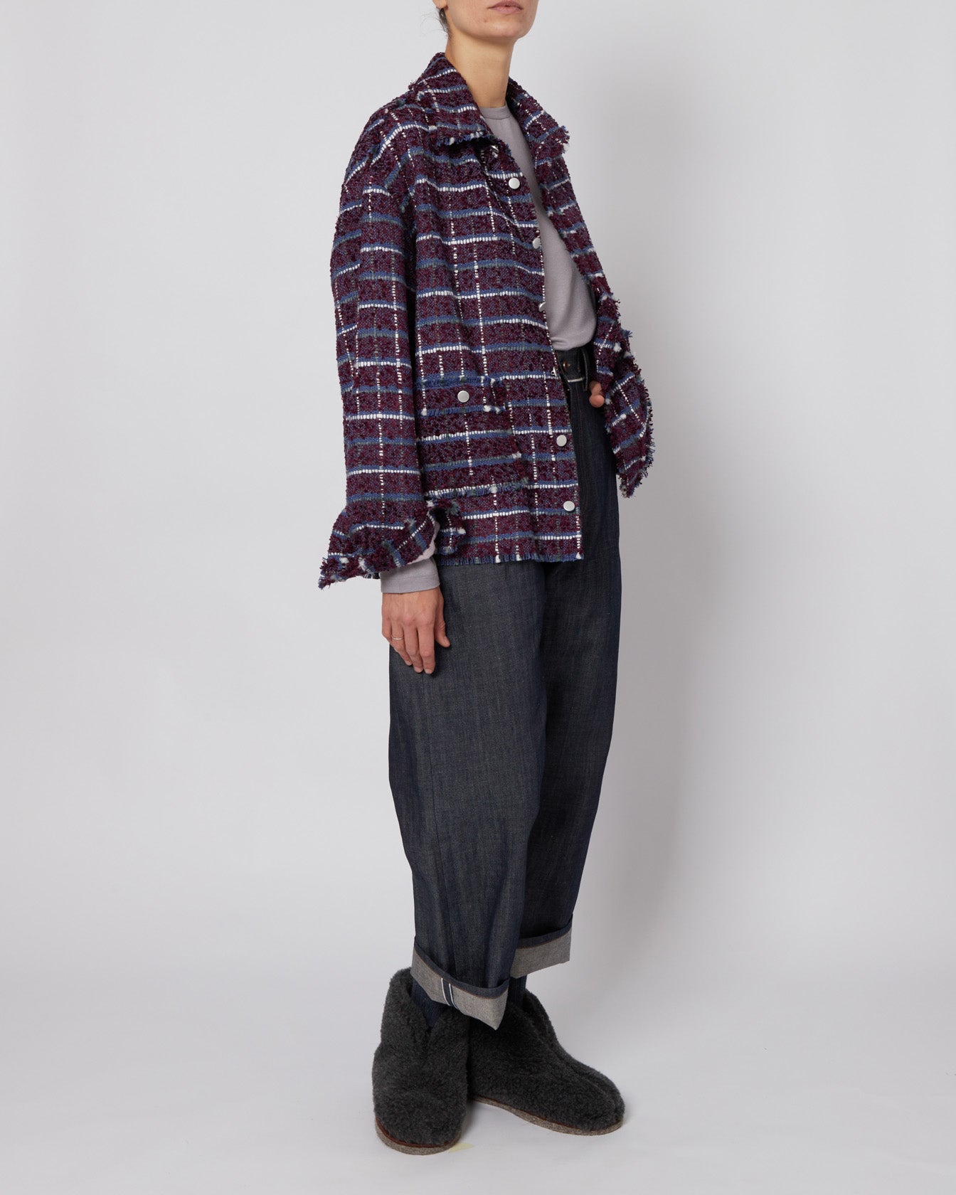 Purple Oversized Raw Cut Tweed Shirt