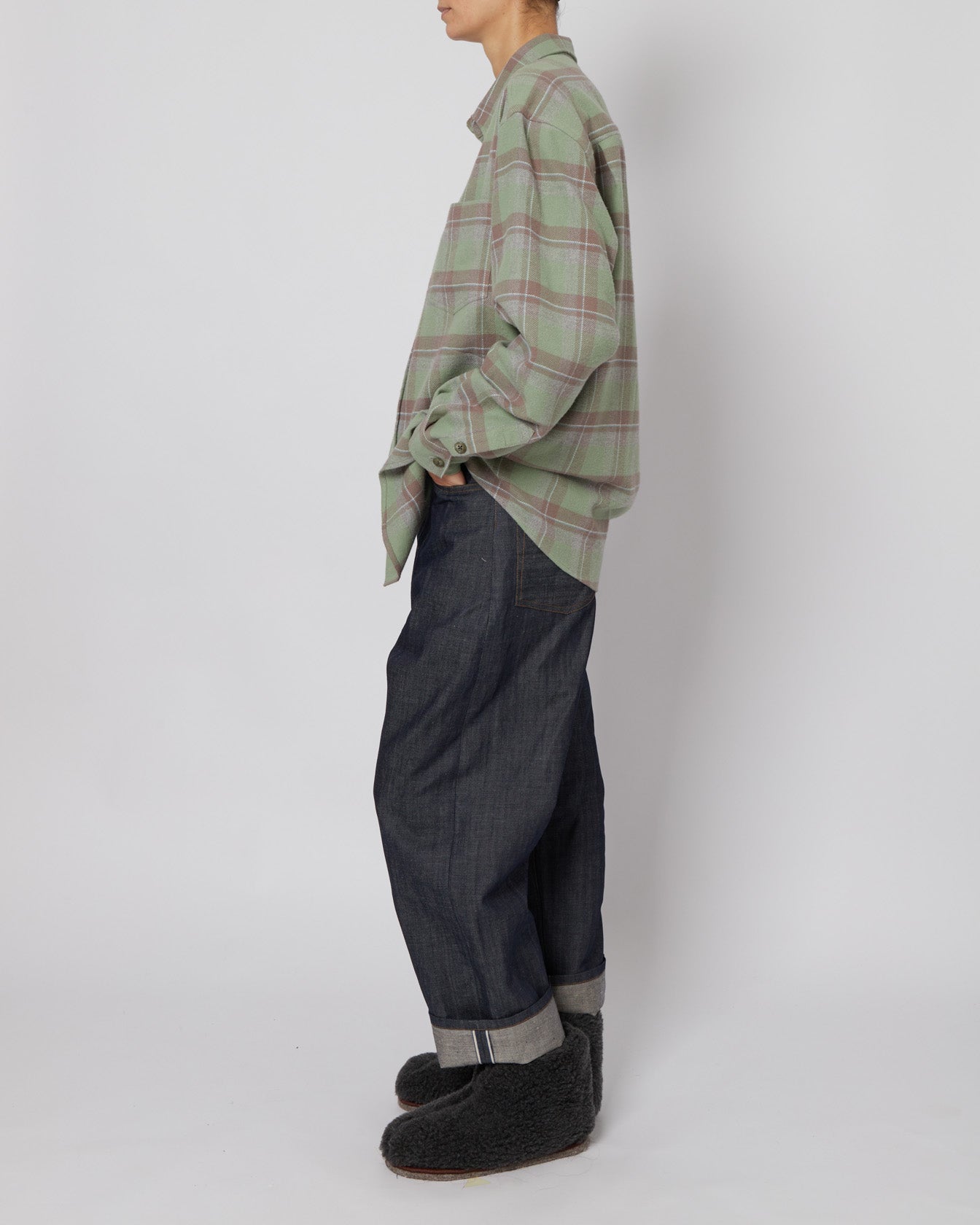 Mint Green & Taupe Plaid Flannel Shirt