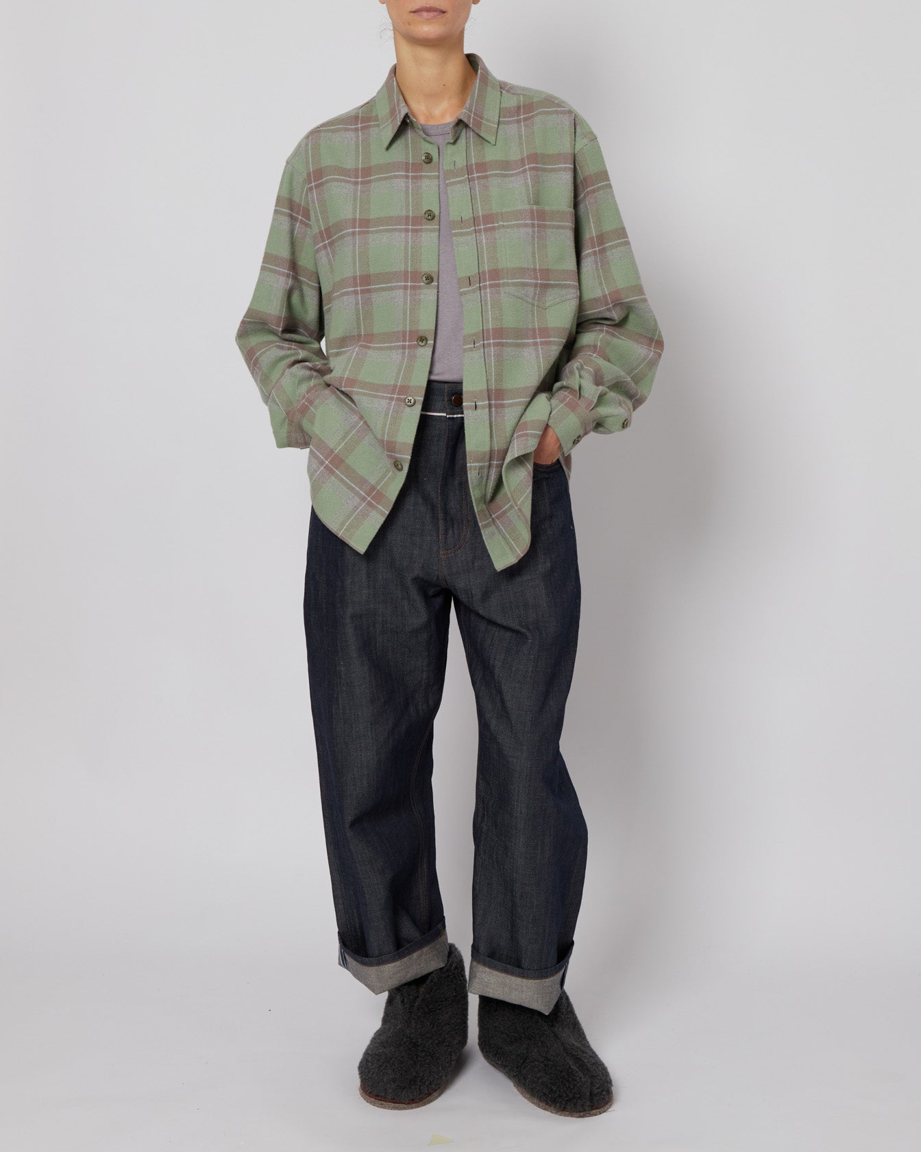 Mint Green & Taupe Plaid Flannel Shirt