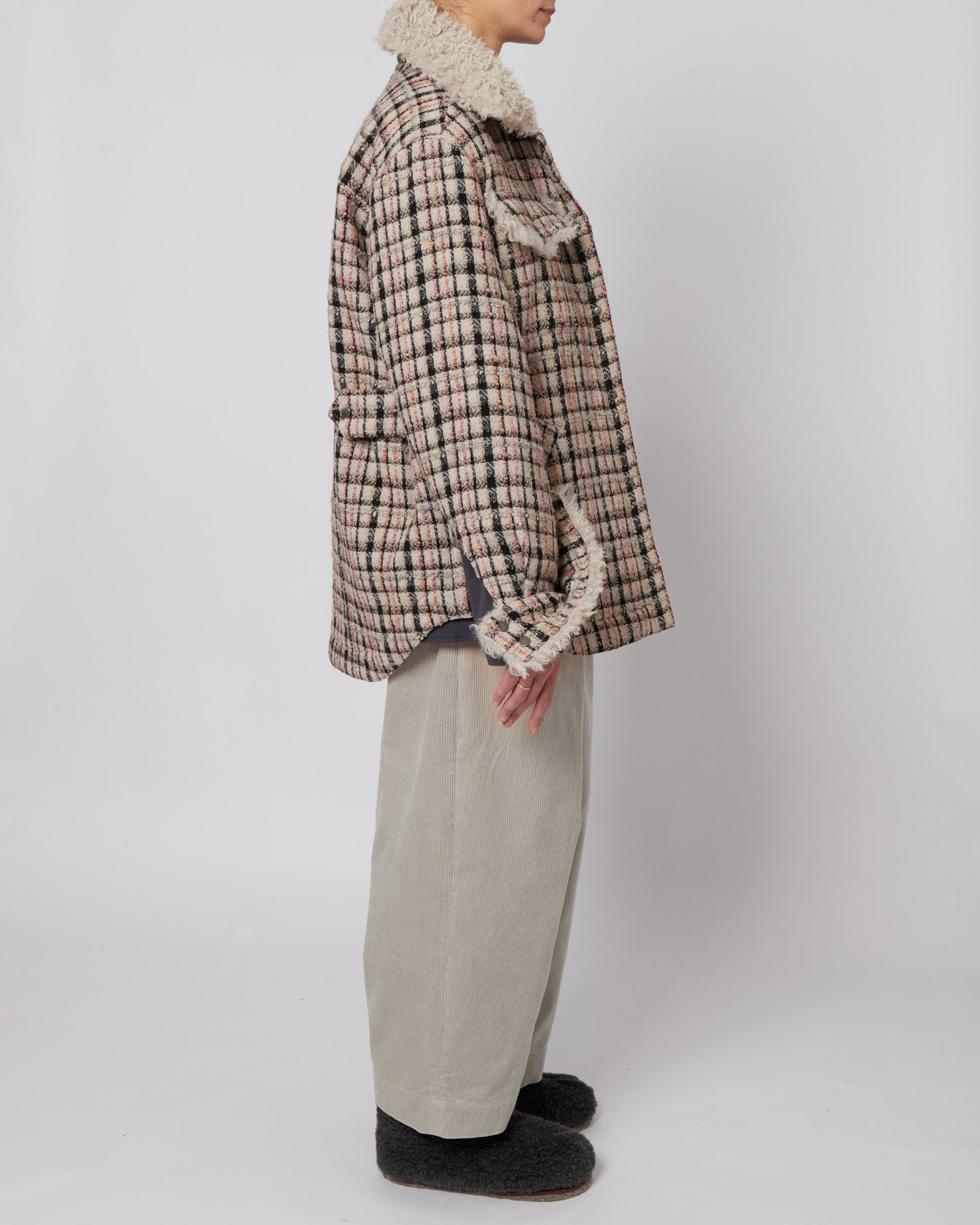 エメラルドツイード＆フェイクファーオーバーサイズシャツジャケット