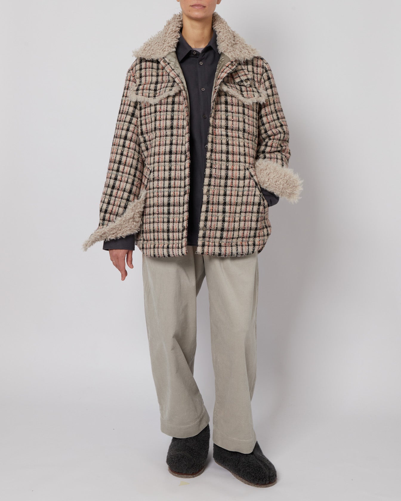 Beige Melange Tweed Oversized Shirt Jacket with Faux Fur