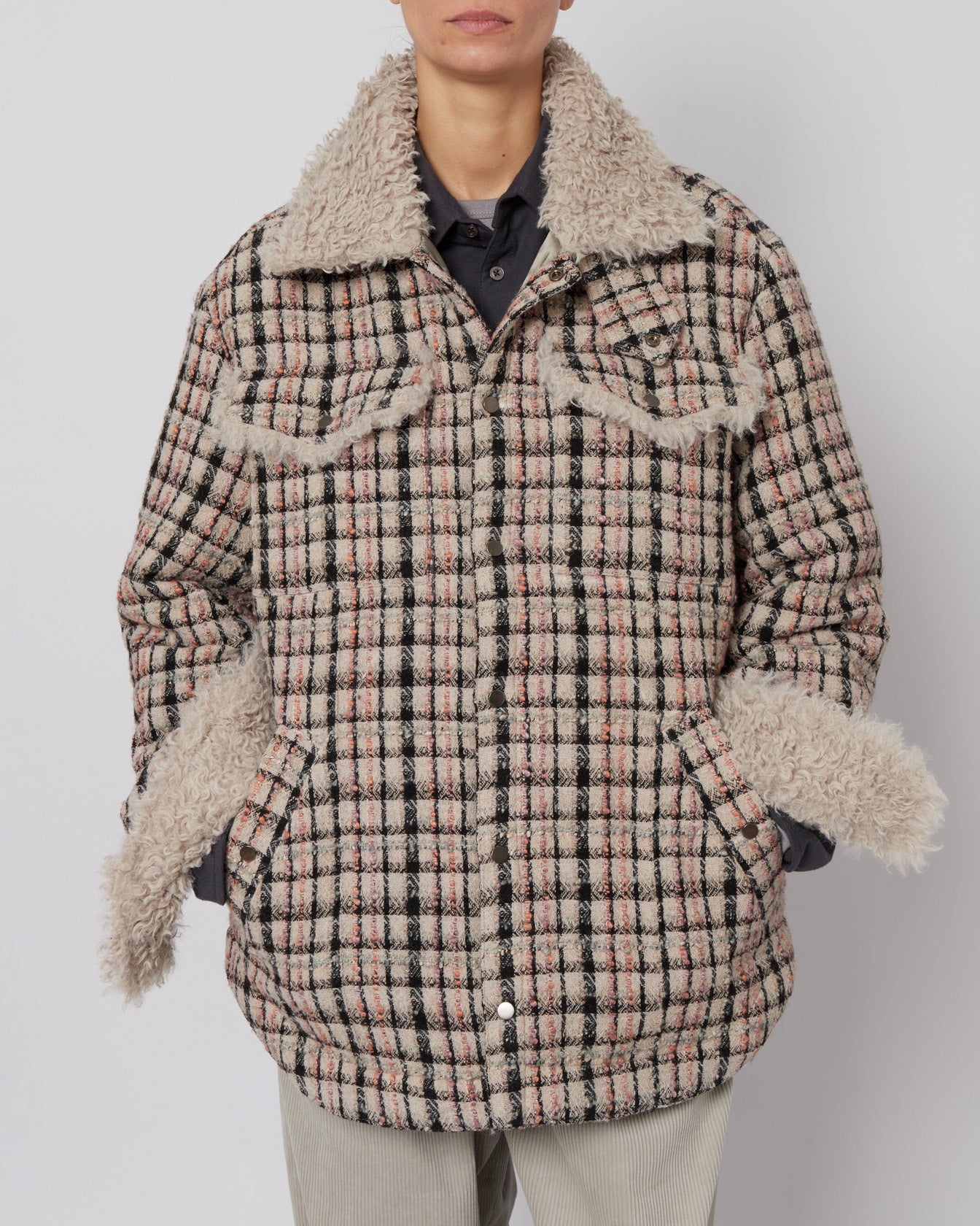 エメラルドツイード＆フェイクファーオーバーサイズシャツジャケット