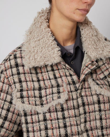 エメラルドツイード＆フェイクファーオーバーサイズシャツジャケット