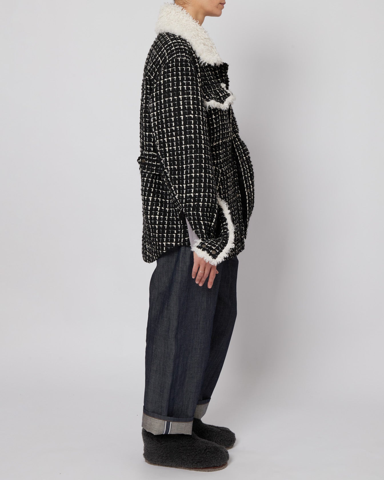 Black & White Tweed Oversized Shirt Jacket with Faux Fur