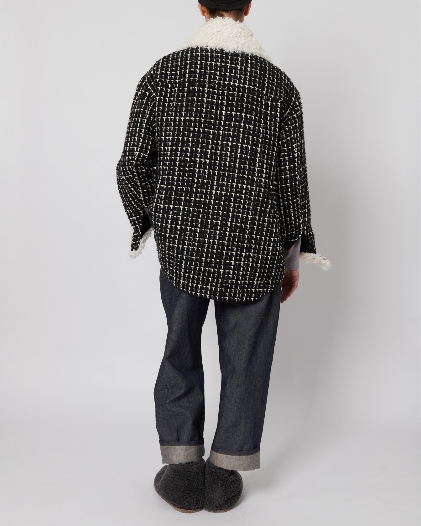 Black & White Tweed Oversized Shirt Jacket with Faux Fur