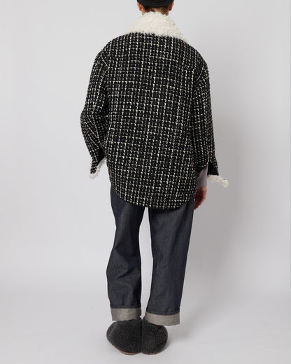 Black & White Tweed Oversized Shirt Jacket with Faux Fur