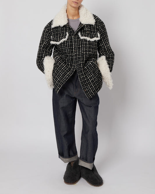 Black & White Tweed Oversized Shirt Jacket with Faux Fur