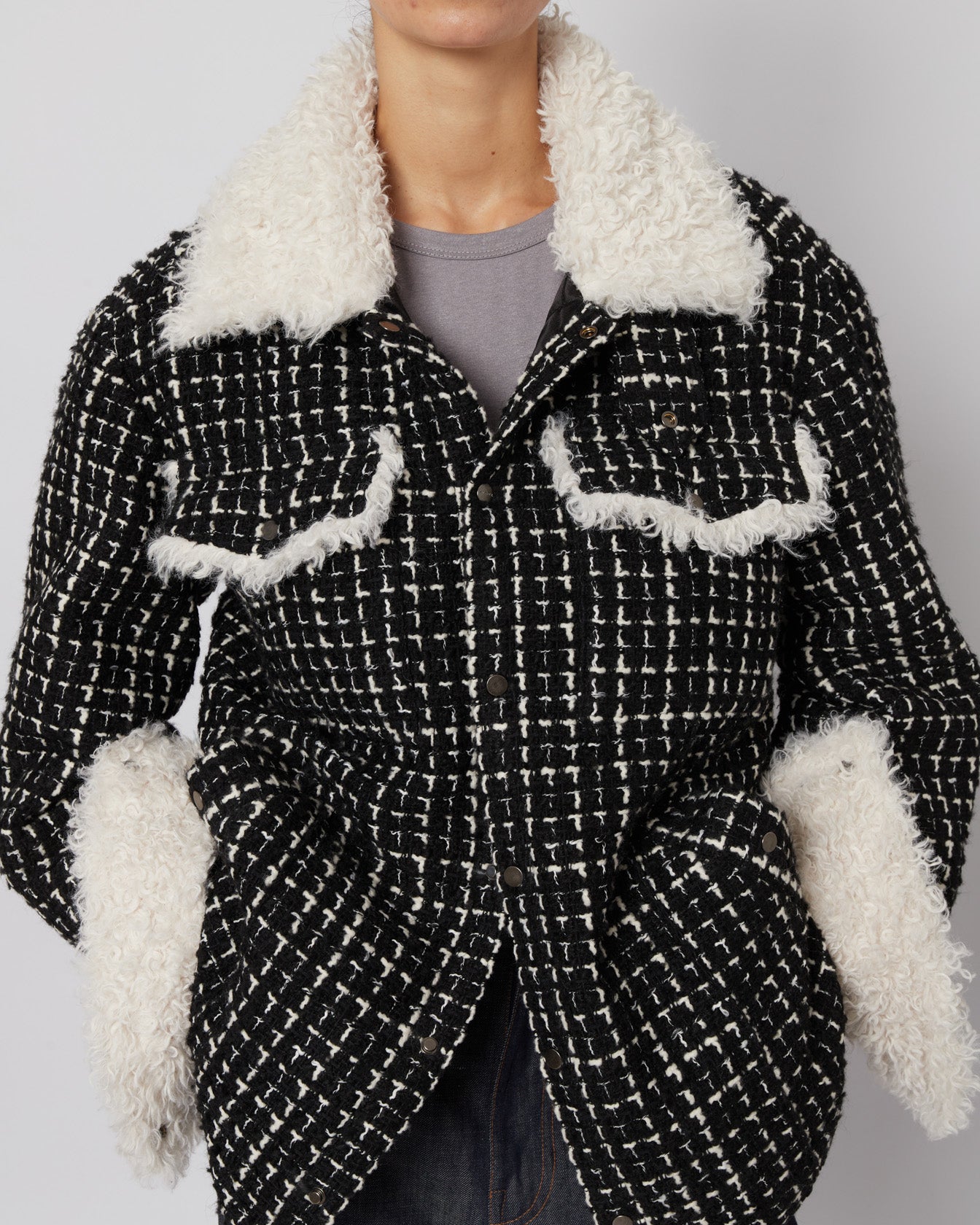 Black & White Tweed Oversized Shirt Jacket with Faux Fur