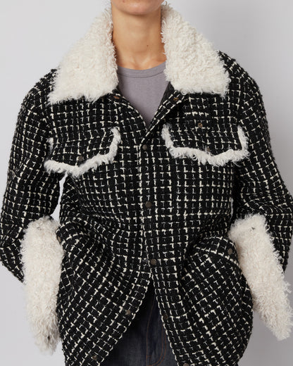 Black & White Tweed Oversized Shirt Jacket with Faux Fur