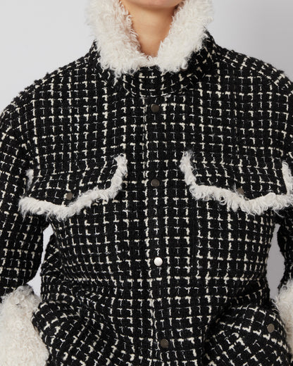 Black & White Tweed Oversized Shirt Jacket with Faux Fur