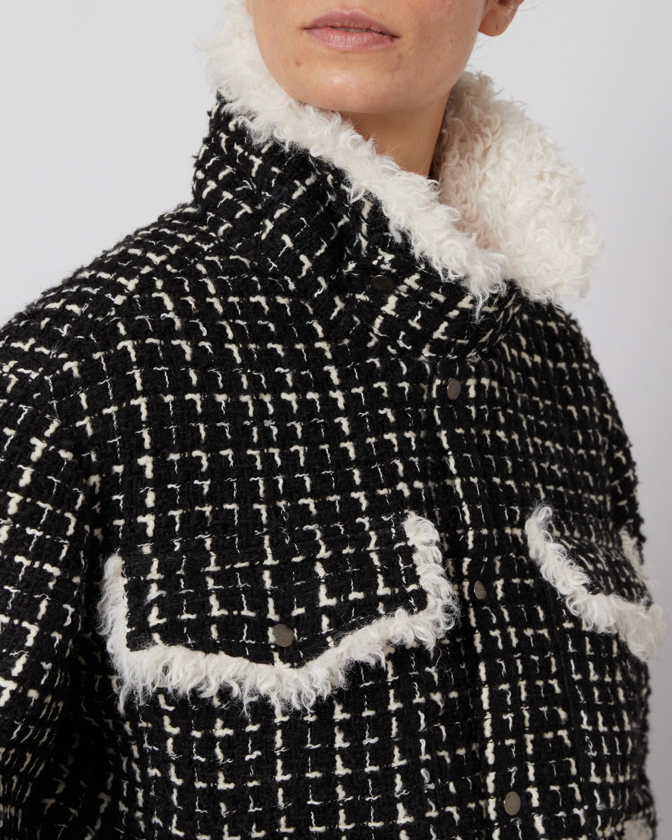 Black & White Tweed Oversized Shirt Jacket with Faux Fur