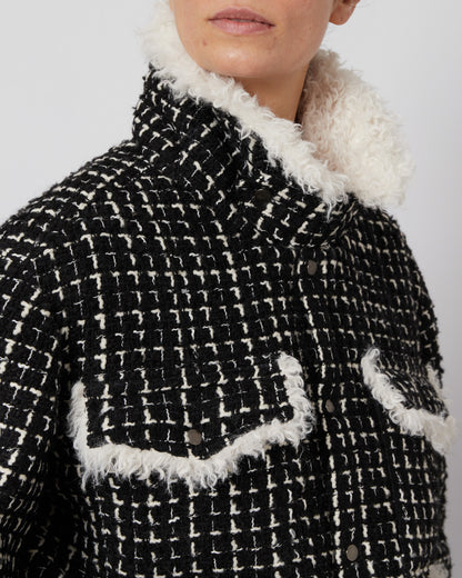 Black & White Tweed Oversized Shirt Jacket with Faux Fur