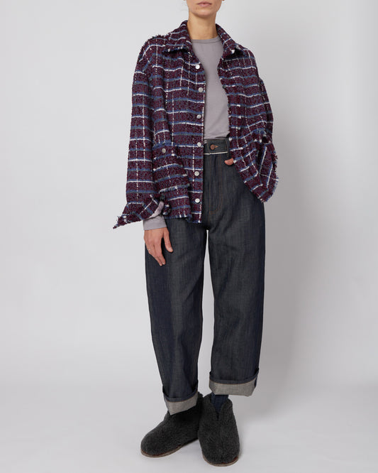 Purple Oversized Raw Cut Tweed Shirt