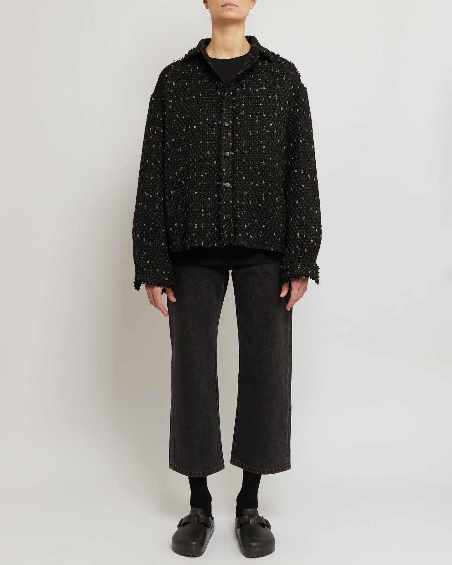 Black Oversized Raw Cut Tweed Shirt