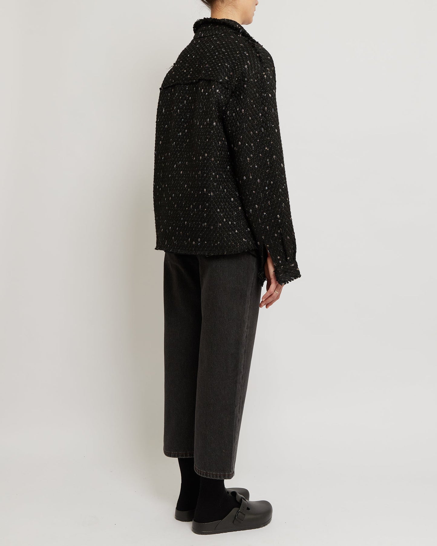 Black Oversized Raw Cut Tweed Shirt