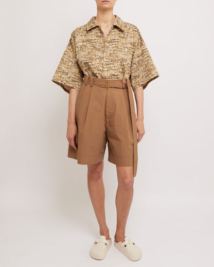 Caramel Belted Pleated Shorts