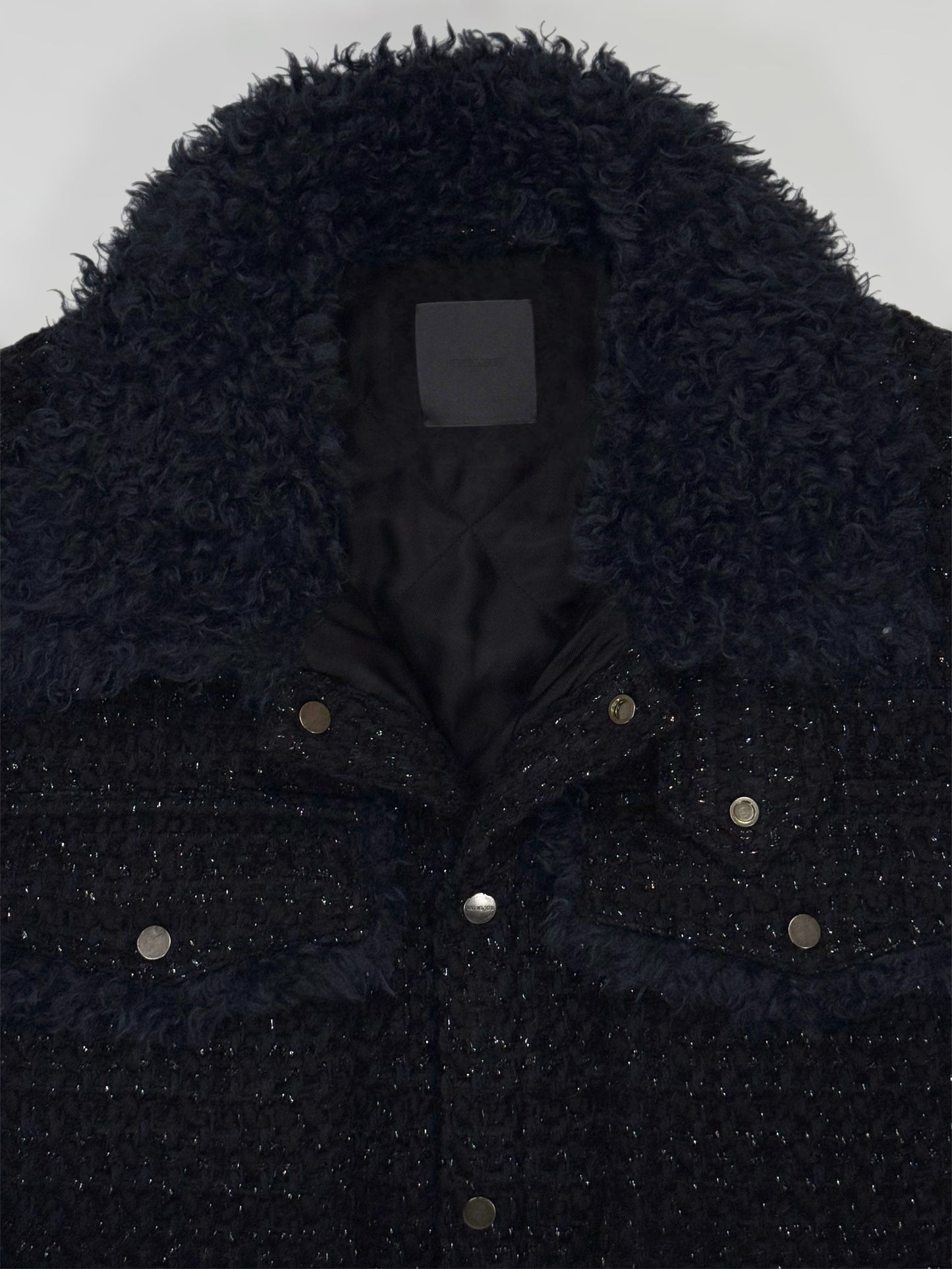 Black & Navy Tweed Oversized Shirt Jacket with Faux Fur