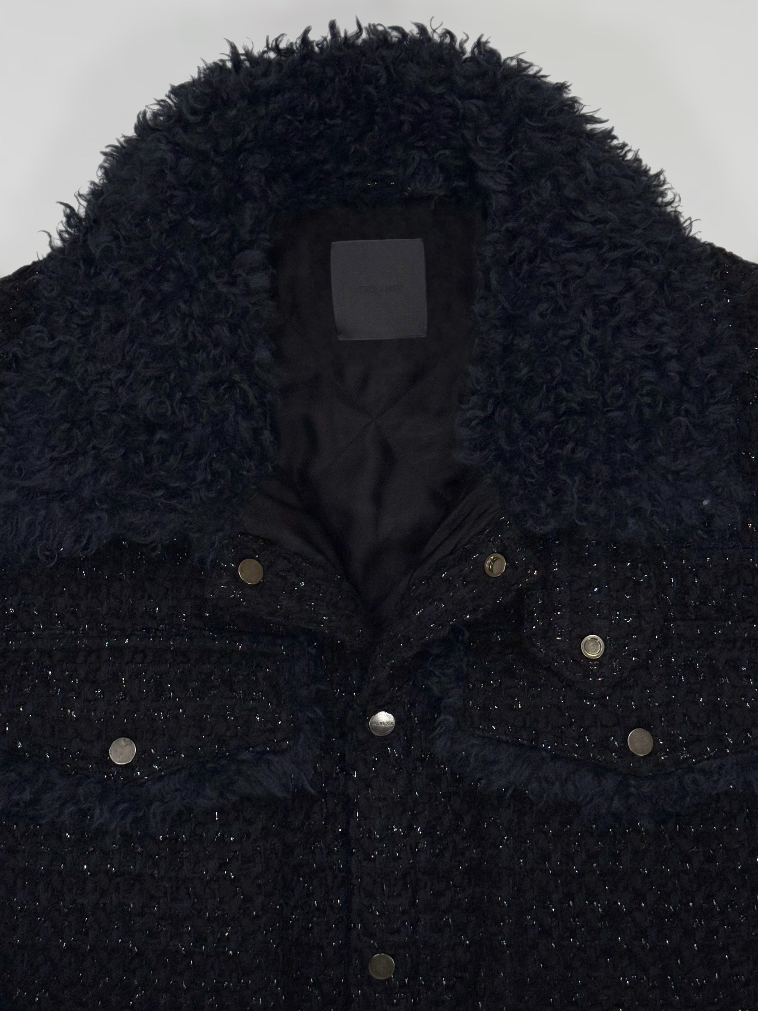 Black & Navy Tweed Oversized Shirt Jacket with Faux Fur