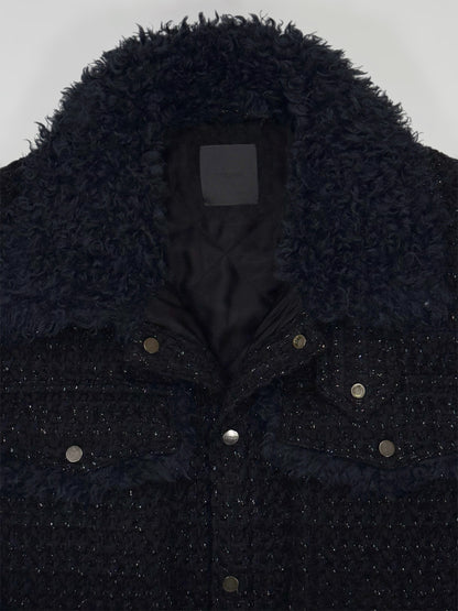 Black & Navy Tweed Oversized Shirt Jacket with Faux Fur