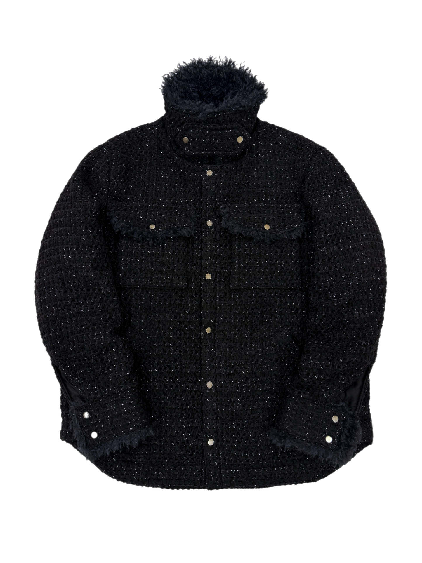Black & Navy Tweed Oversized Shirt Jacket with Faux Fur