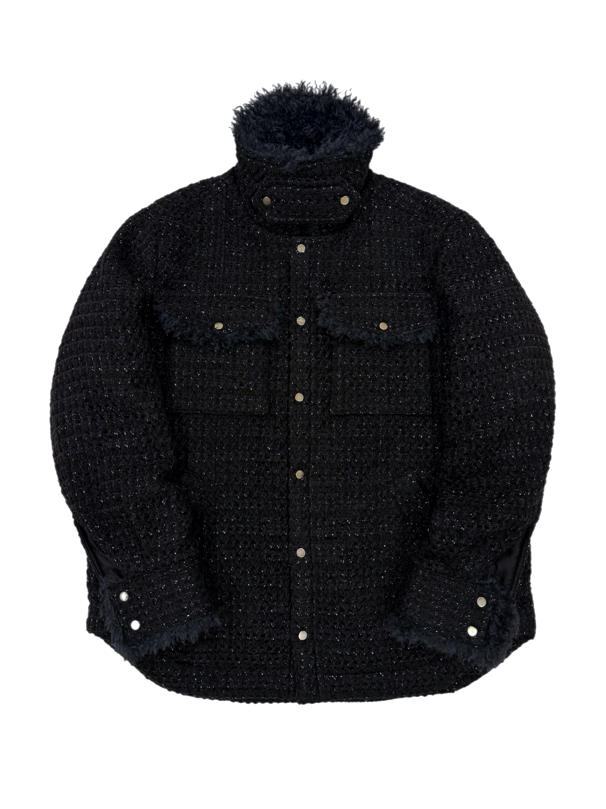 Black & Navy Tweed Oversized Shirt Jacket with Faux Fur