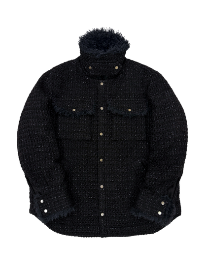 Black & Navy Tweed Oversized Shirt Jacket with Faux Fur