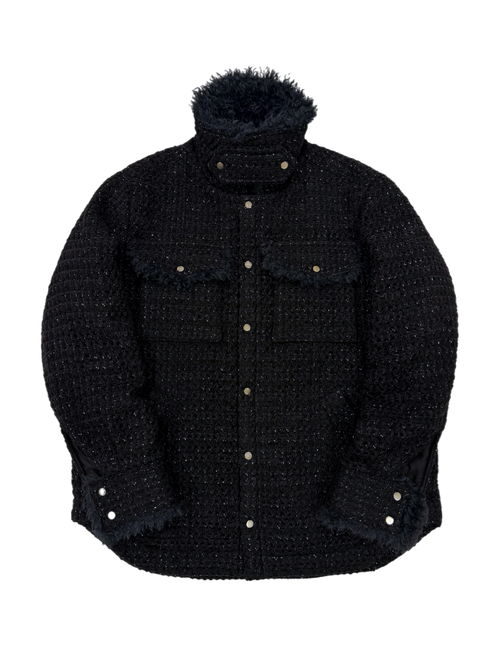 Black & Navy Tweed Oversized Shirt Jacket with Faux Fur