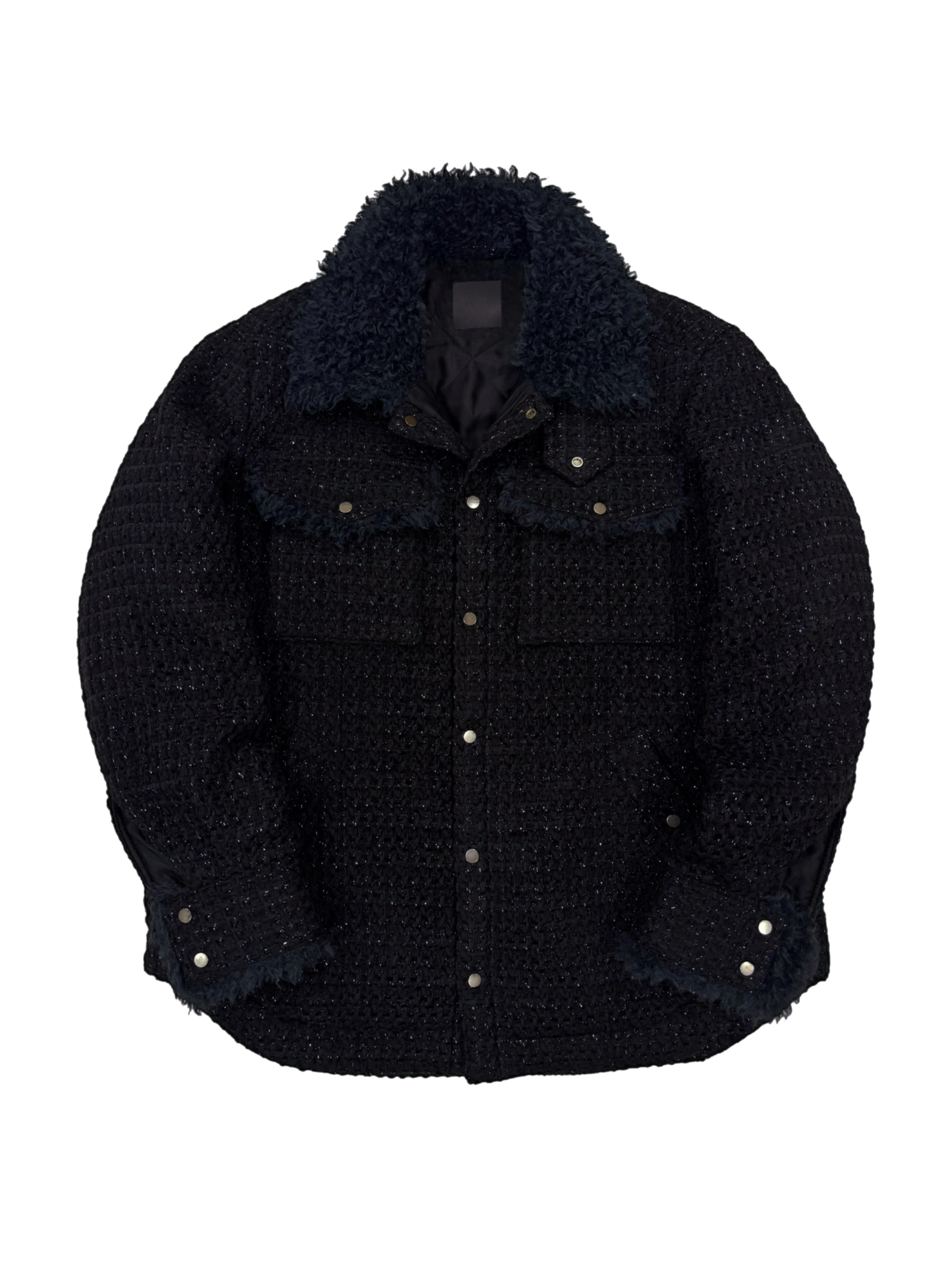 Black & Navy Tweed Oversized Shirt Jacket with Faux Fur