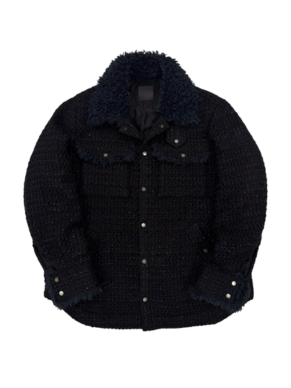 Black & Navy Tweed Oversized Shirt Jacket with Faux Fur