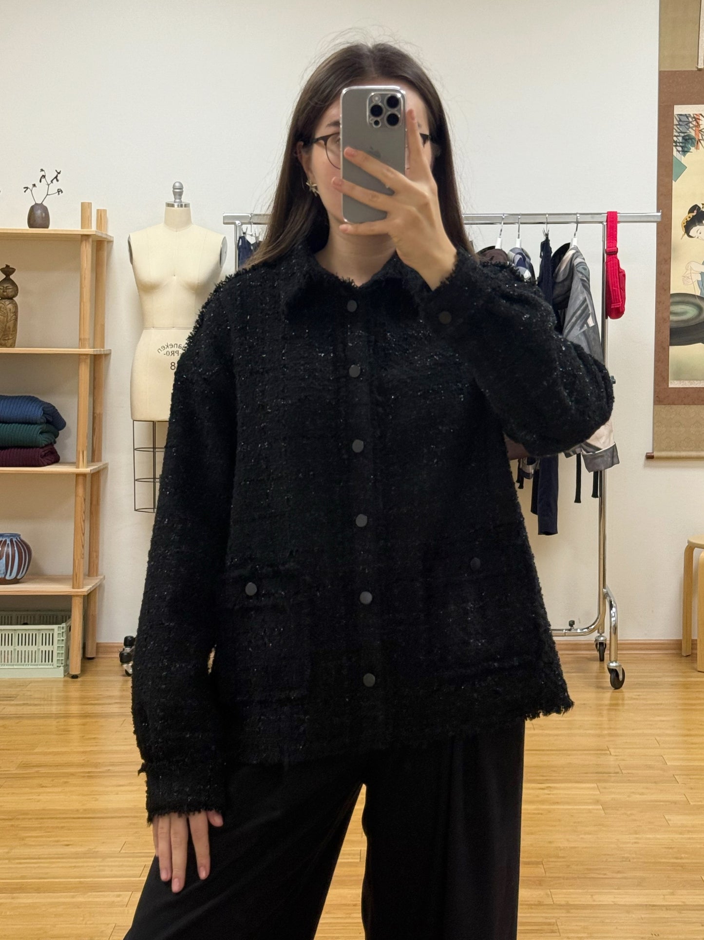 Black Oversized Raw Cut Tweed Shirt
