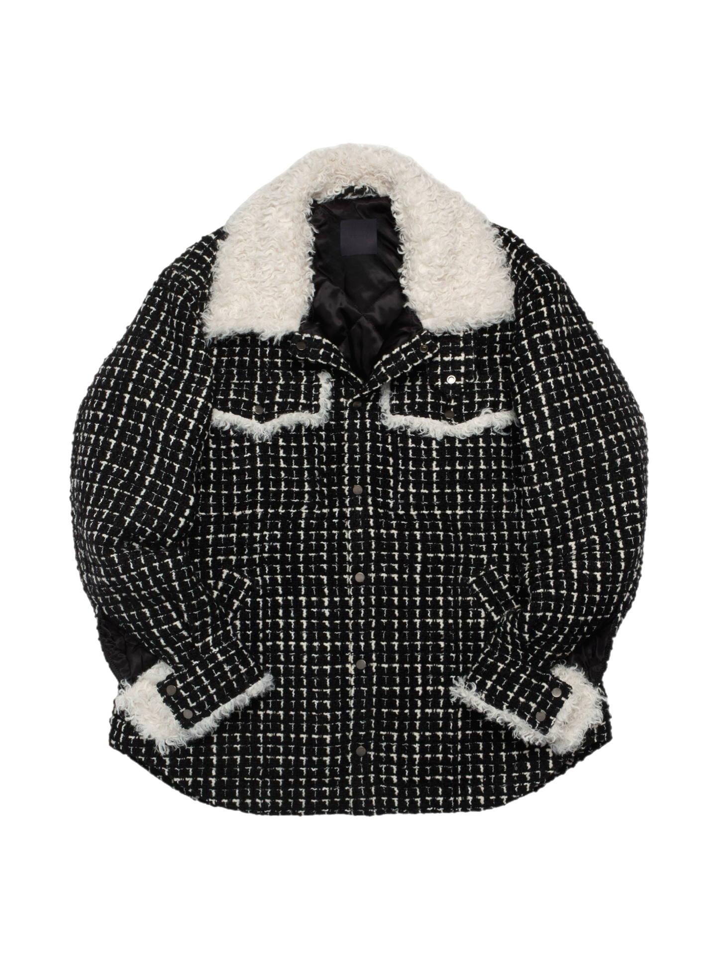 Black & White Tweed Oversized Shirt Jacket with Faux Fur