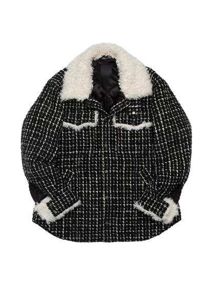 Black & White Tweed Oversized Shirt Jacket with Faux Fur