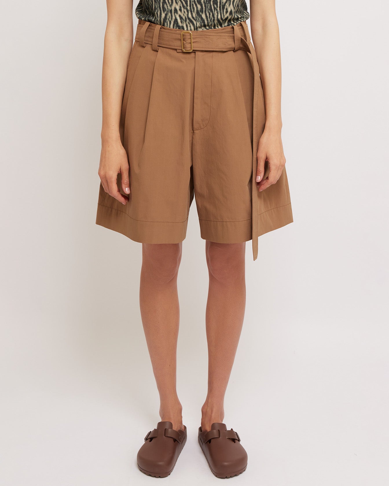 Caramel Belted Pleated Shorts