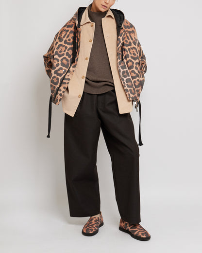 Leopard print ovresized hooded jacket worn by a model