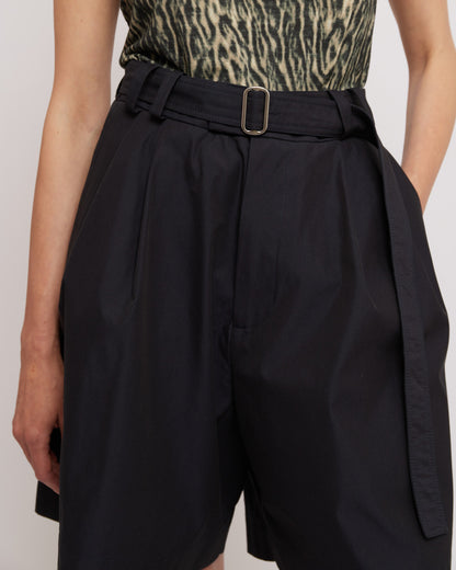 Dark Navy Belted Pleated Shorts