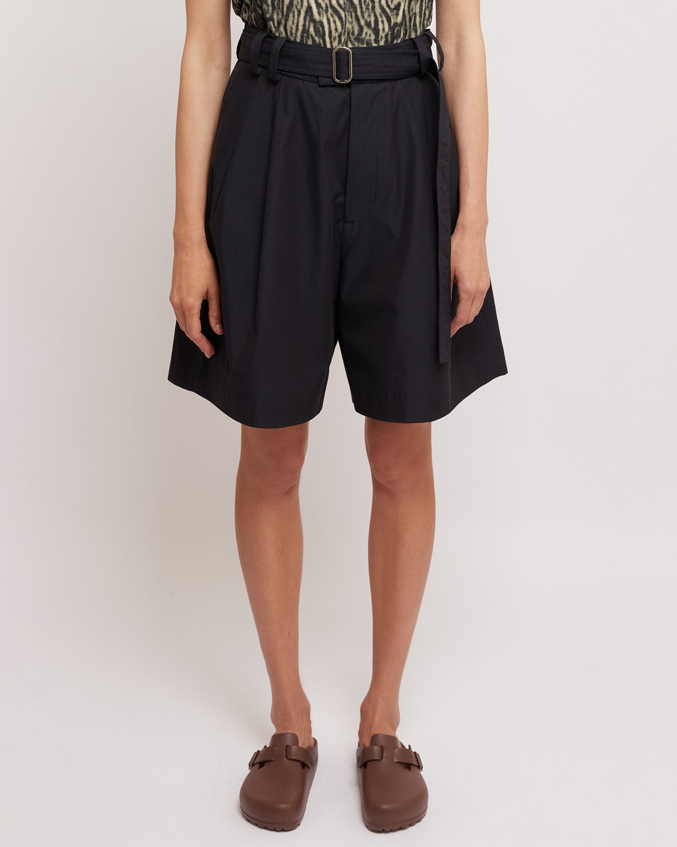 Dark Navy Belted Pleated Shorts