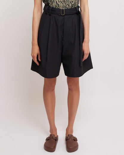 Dark Navy Belted Pleated Shorts