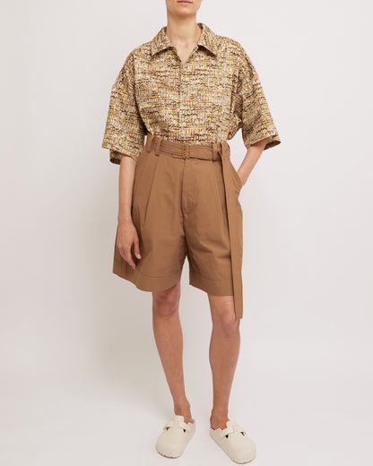 Caramel Belted Pleated Shorts