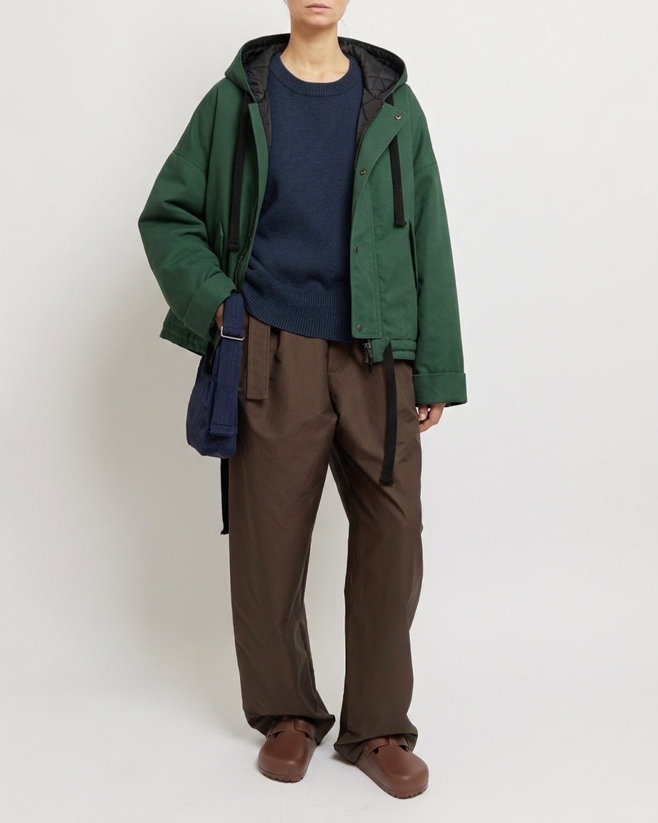 Person wearing a green jacket, navy shirt, brown pants, and brown shoes on a white background