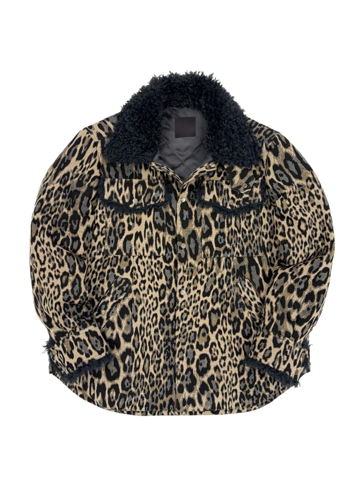 Leopard Jacquard Oversized Shirt Jacket with Faux Fur