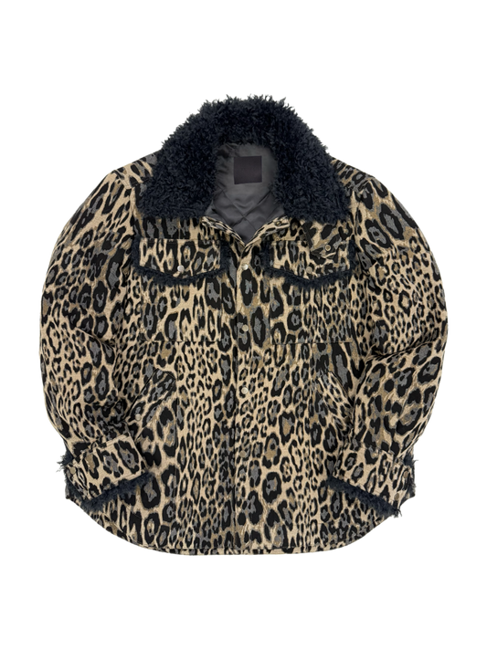 Leopard Jacquard Oversized Shirt Jacket with Faux Fur