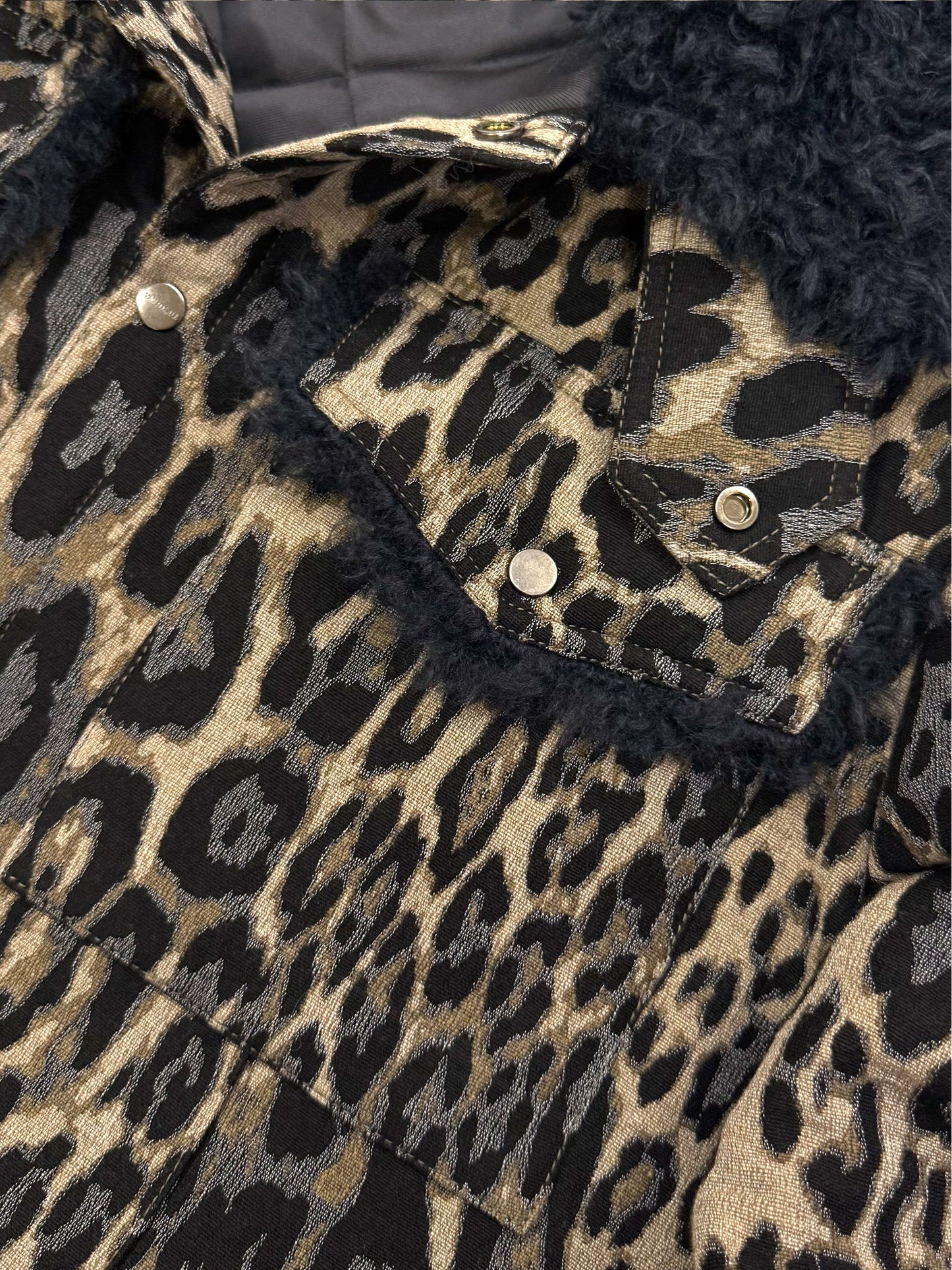 Leopard Jacquard Oversized Shirt Jacket with Faux Fur