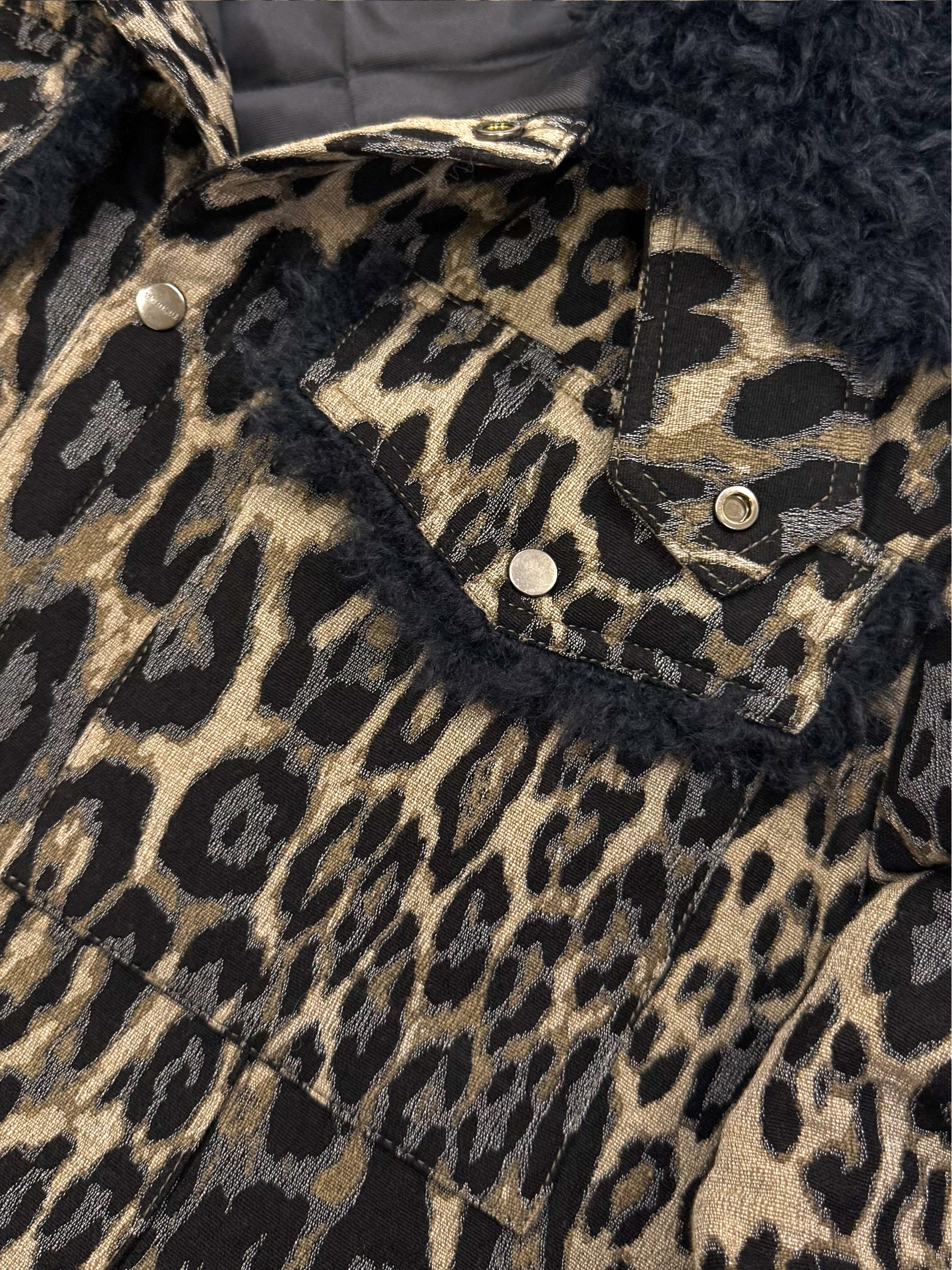 Leopard Jacquard Oversized Shirt Jacket with Faux Fur