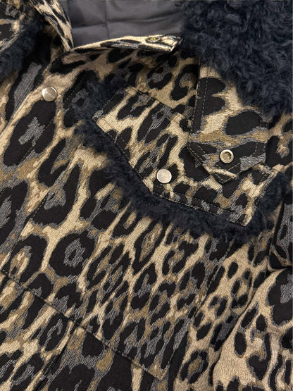 Leopard Jacquard Oversized Shirt Jacket with Faux Fur