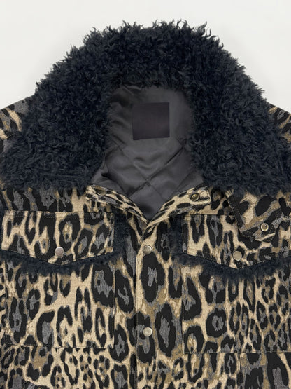 Leopard Jacquard Oversized Shirt Jacket with Faux Fur