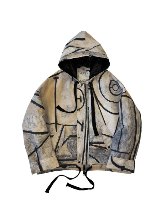 Abstract Beige Oversized Hooded Jacket