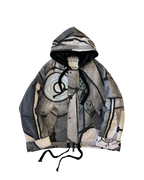 Abstract Grey Oversized Hooded Jacket
